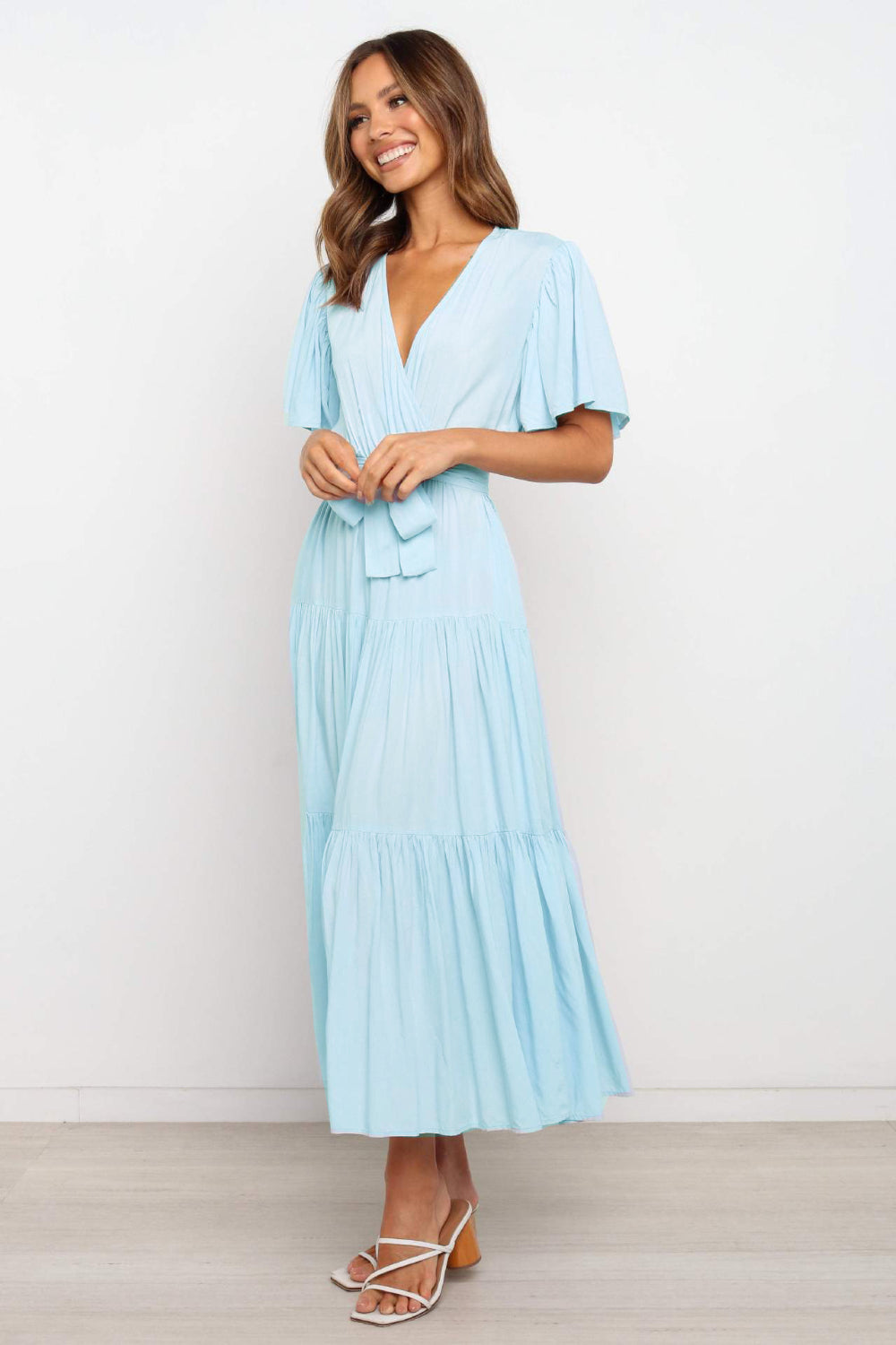 Tied Back Tiered Short Sleeve Midi Dress OutfitFlow