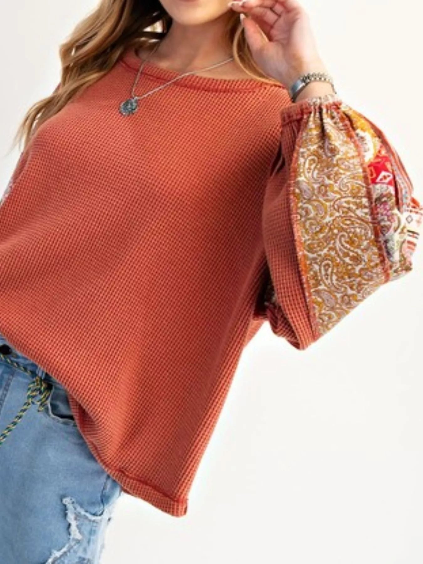 Waffle Knit Round Neck Dropped Shoulder Sweatshirt OutfitFlow
