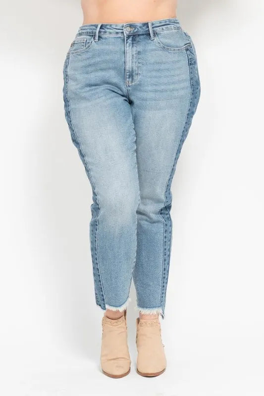 Judy Blue Full Size Vintage Wash Side Panel Detail with Fray Hem Slim Plus Size OutfitFlow