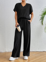 V-Neck Short Sleeve Top and Pants Set OutfitFlow