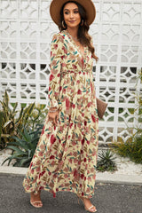 Floral Frill Trim Flounce Sleeve Plunge Maxi Dress OutfitFlow