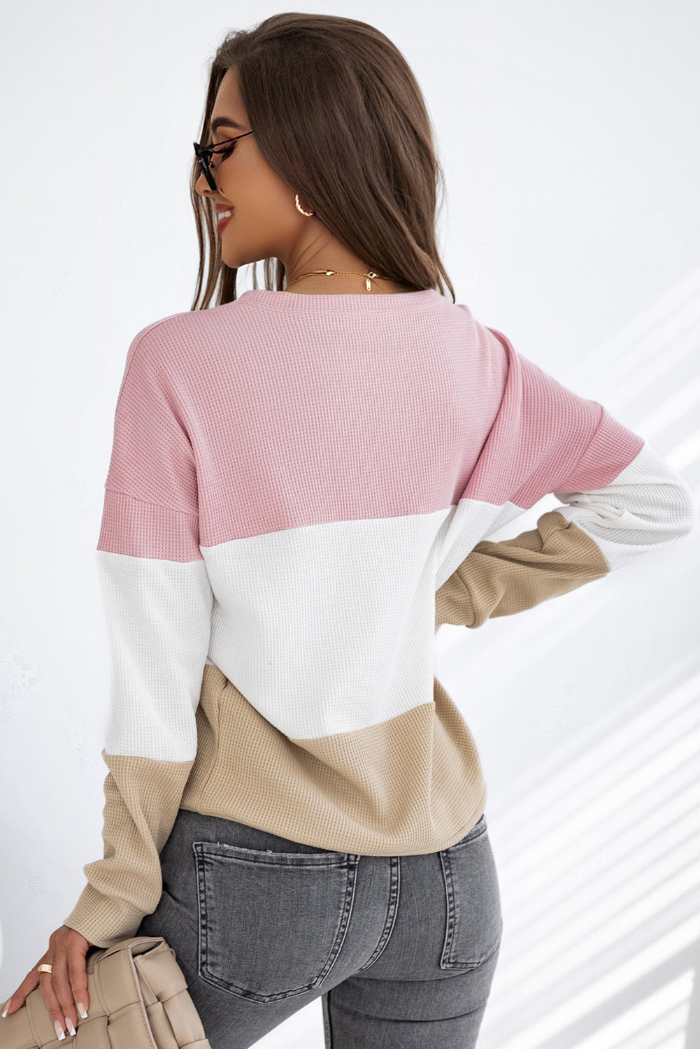 Outfit Flow - Color Block Waffle Knit Long Sleeve Top