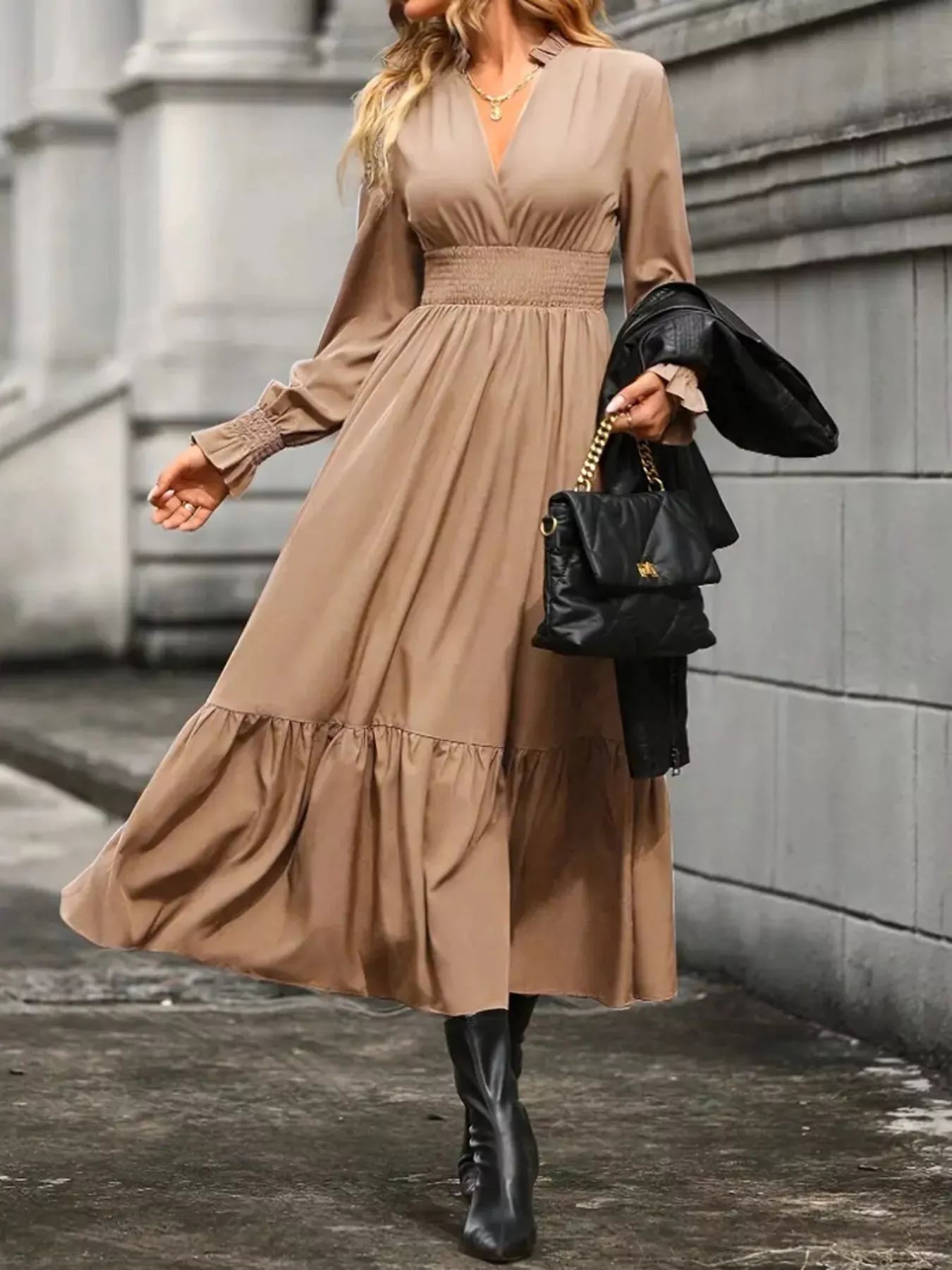 Surplice Long Sleeve Tiered Midi Dress OutfitFlow
