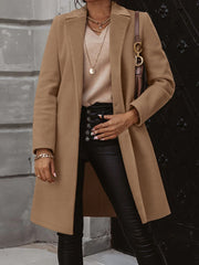 Collared Neck Button Up Long Sleeve Coat Camel Trendsi