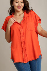 Umgee Full Size Linen Blend Button Down Short Folded Sleeve Shirt Plus Size OutfitFlow