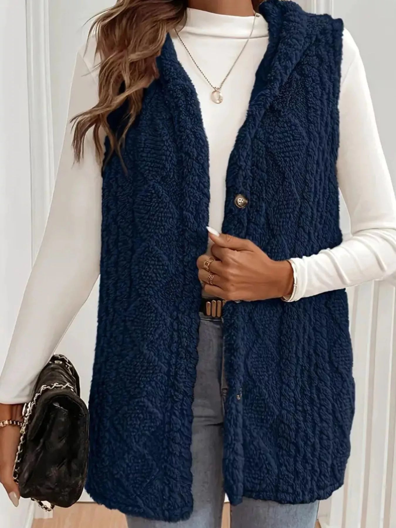 Button Up Plush Hooded Vest Coat Navy Blue OutfitFlow