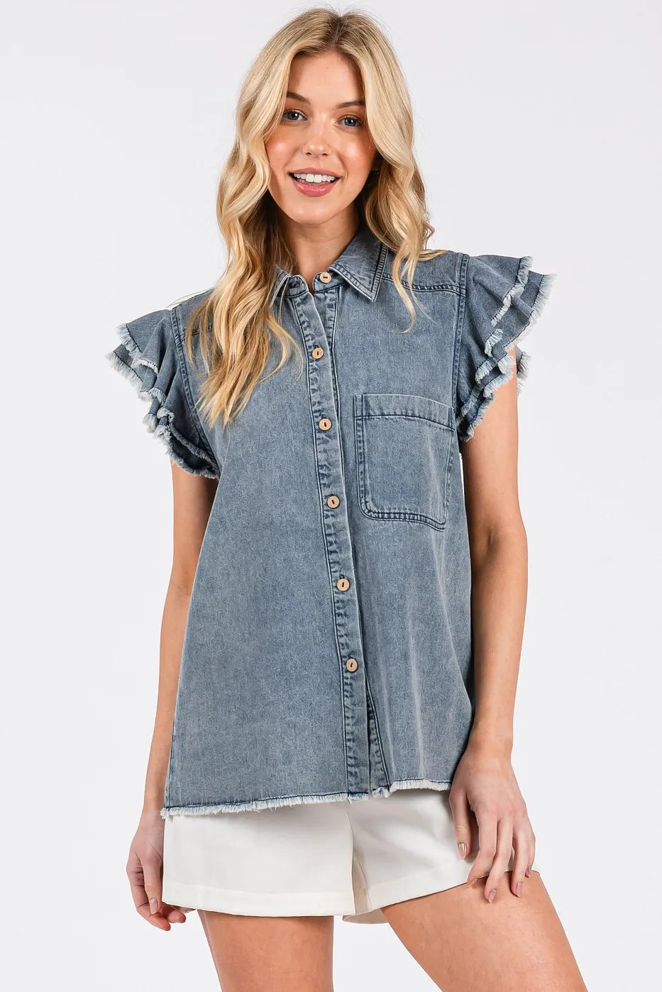 Mittoshop Washed Denim Ruffle Short Sleeve Collared Shirt OutfitFlow