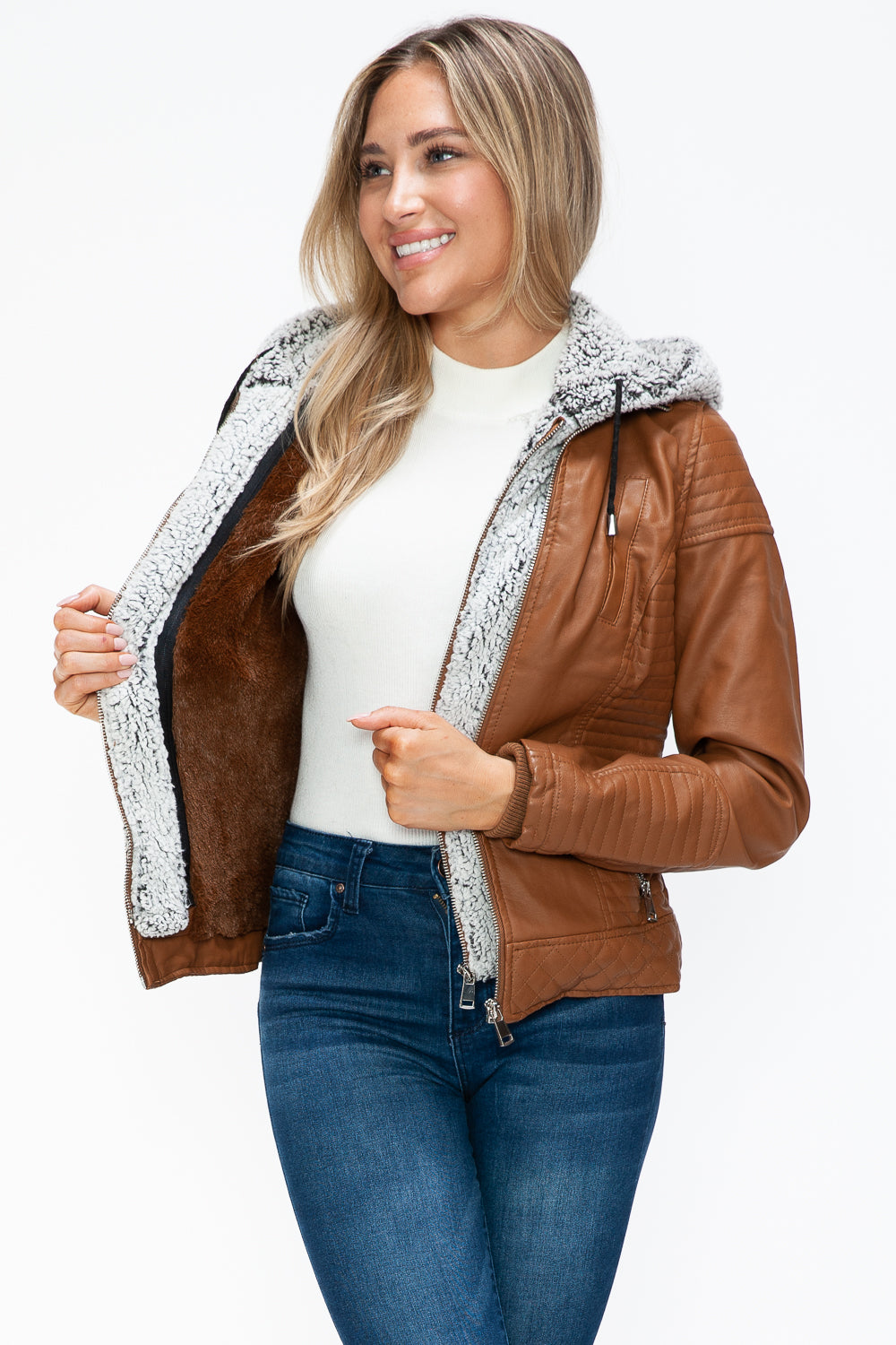 Outfit Flow - YMI Faux Layered Double-Zipper Jacket with Fuzzy Hood