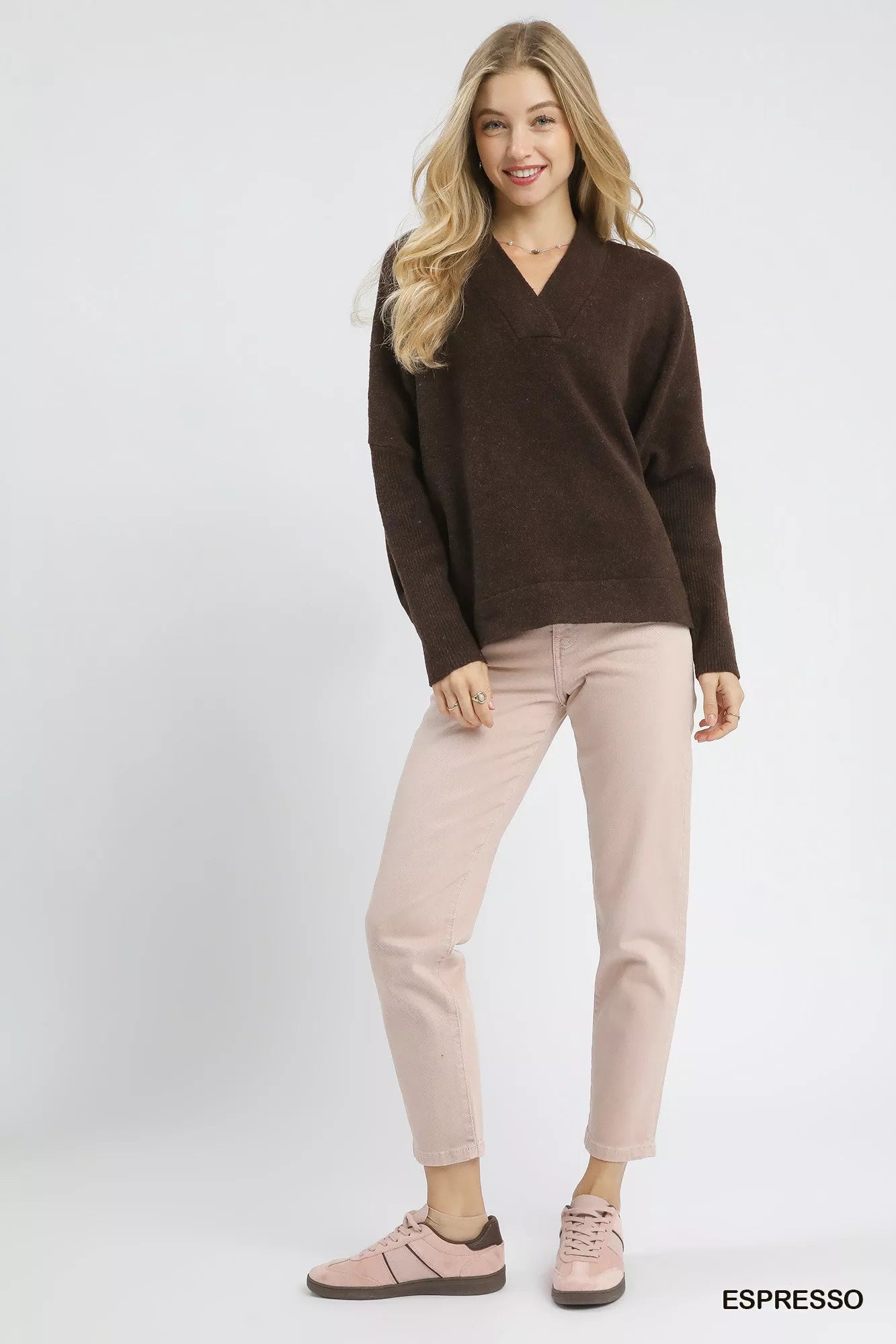 Umgee V-Neck Sweater with Wide Trim Detail OutfitFlow