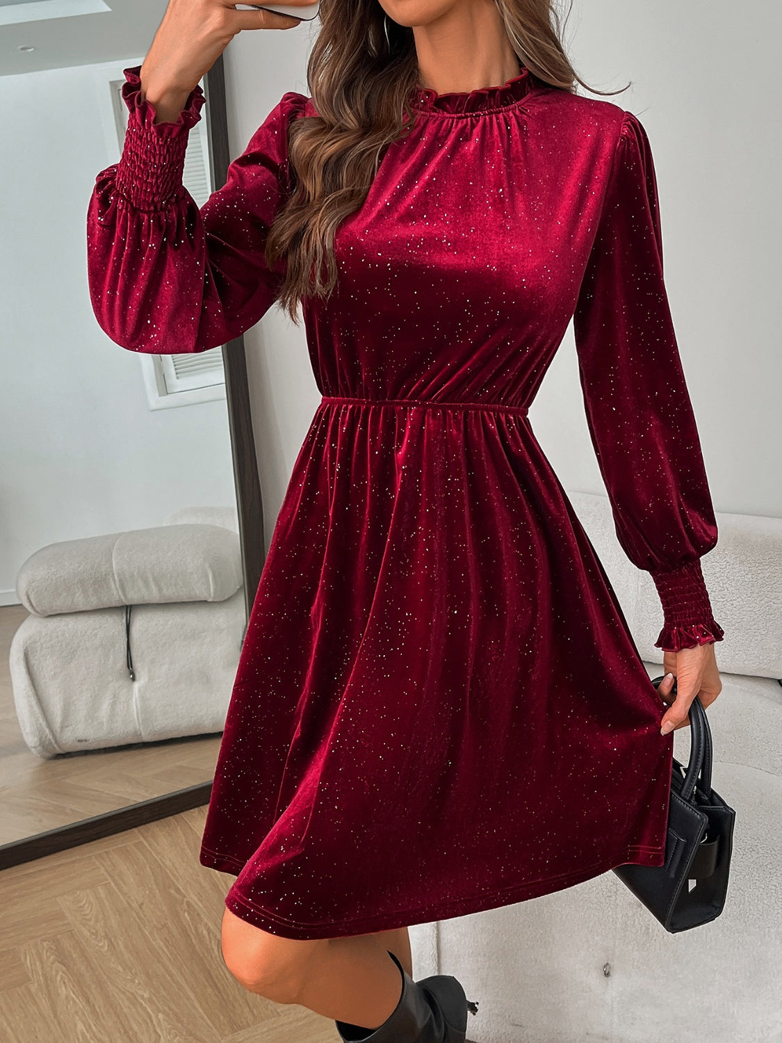 Outfit Flow - Glitter Mock Neck Long Sleeve Mini Dress