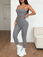 Spaghetti Strap Scoop Neck Bodycon Jumpsuit Gray OutfitFlow