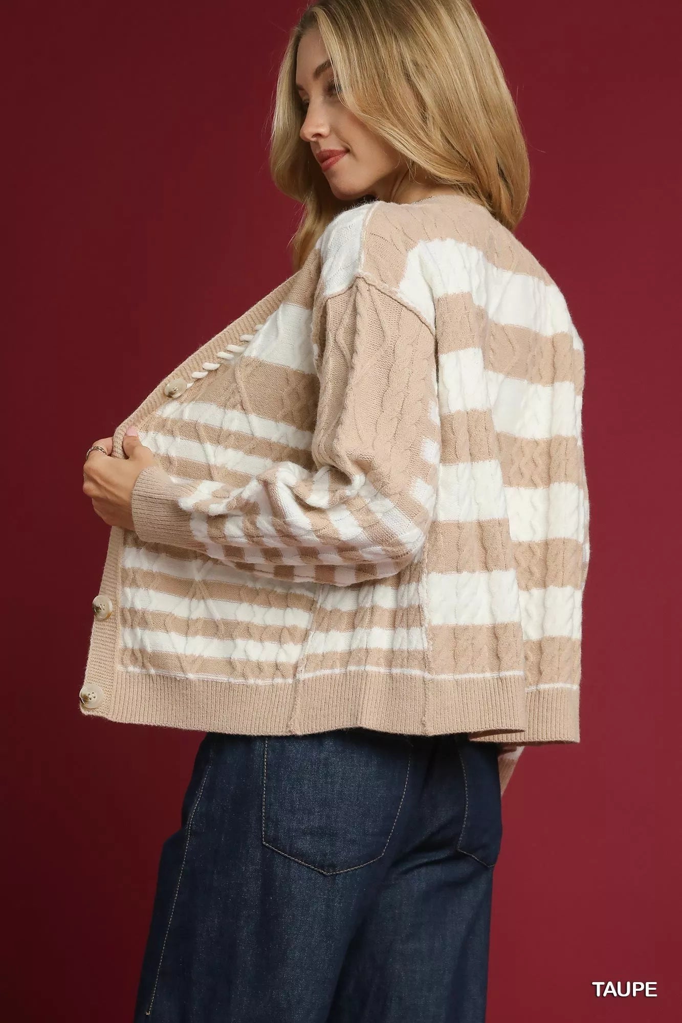 Umgee Cable-Knit Stripe Button-Up Cardigan Trendsi