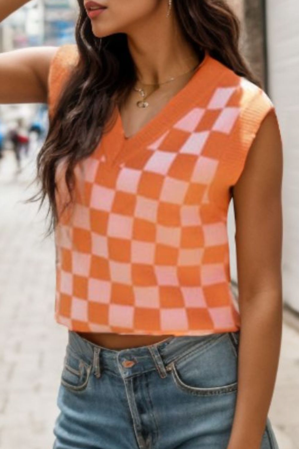 Checkered V-Neck Sweater Vest