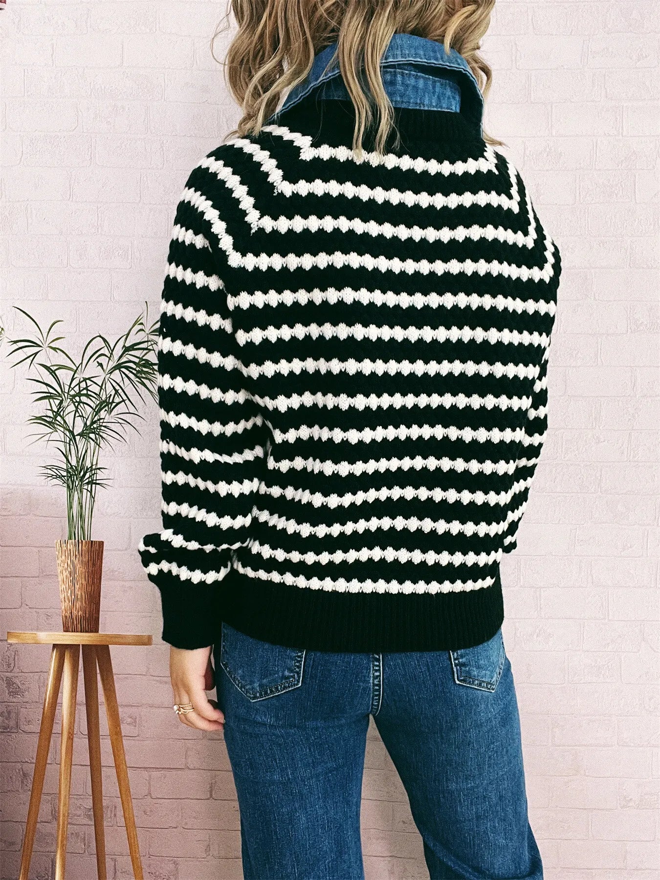 Contrast Striped Sweater with Denim Collar OutfitFlow