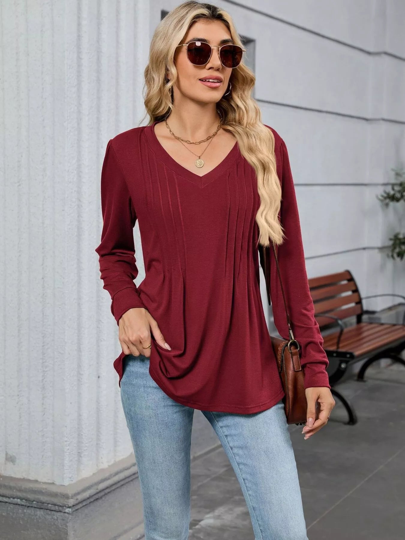 V-Neck Long Sleeve Relaxed Fit T-Shirt Burgundy OutfitFlow