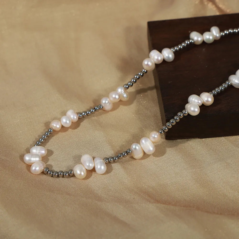 Freshwater Pearl Titanium Steel Bead Necklace OutfitFlow