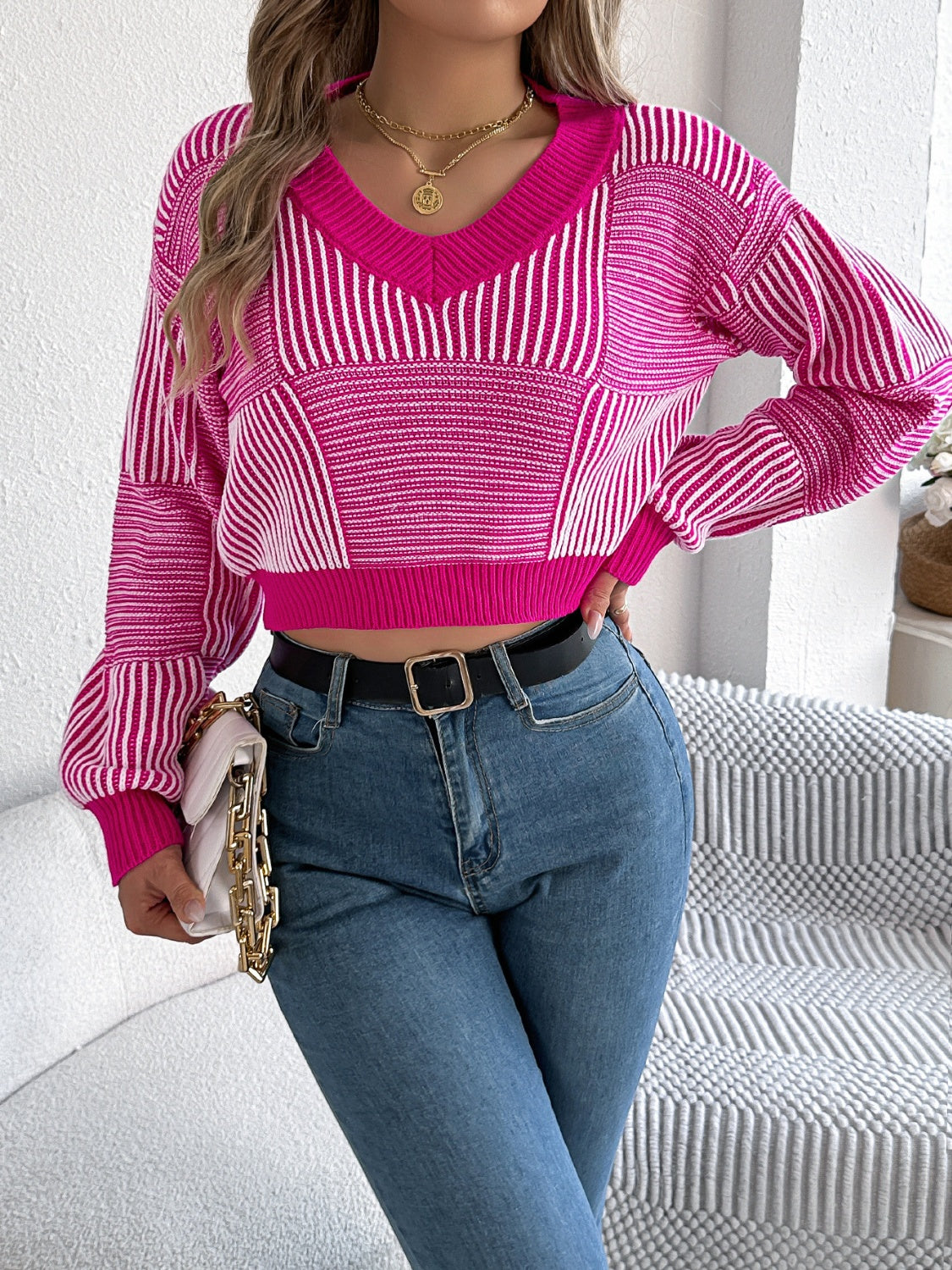 Outfit Flow - Striped V-Neck Long Sleeve Sweater