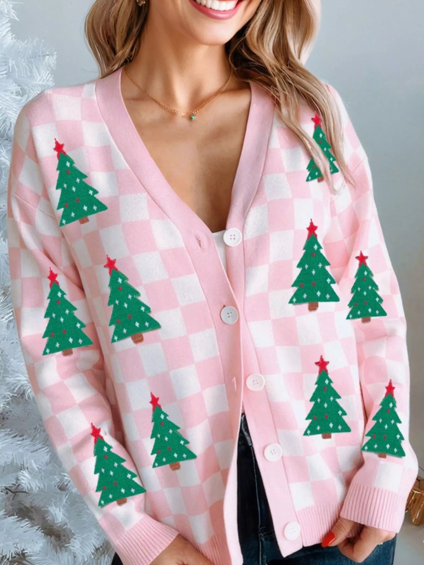 Christmas Tree Pattern Checkered Button V Neck Cardigan OutfitFlow
