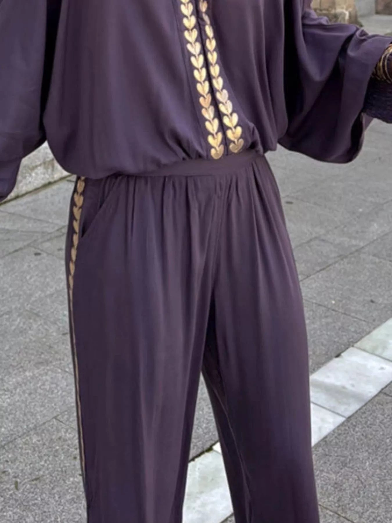 Full Size Contrast Trim V-Neck Top and Pants Set Plus Size OutfitFlow