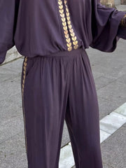 Full Size Contrast Trim V-Neck Top and Pants Set Plus Size OutfitFlow