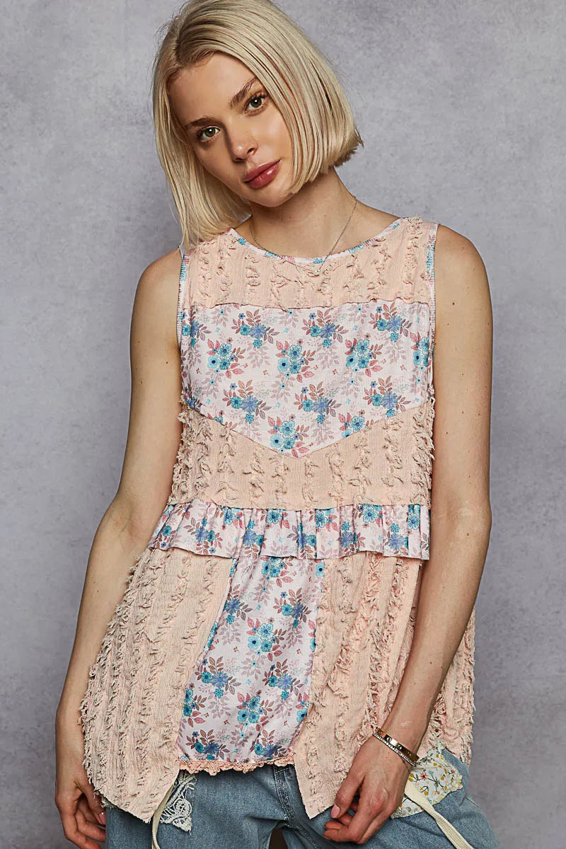 POL Floral Textured Round Neck Sleeveless Top Pink OutfitFlow
