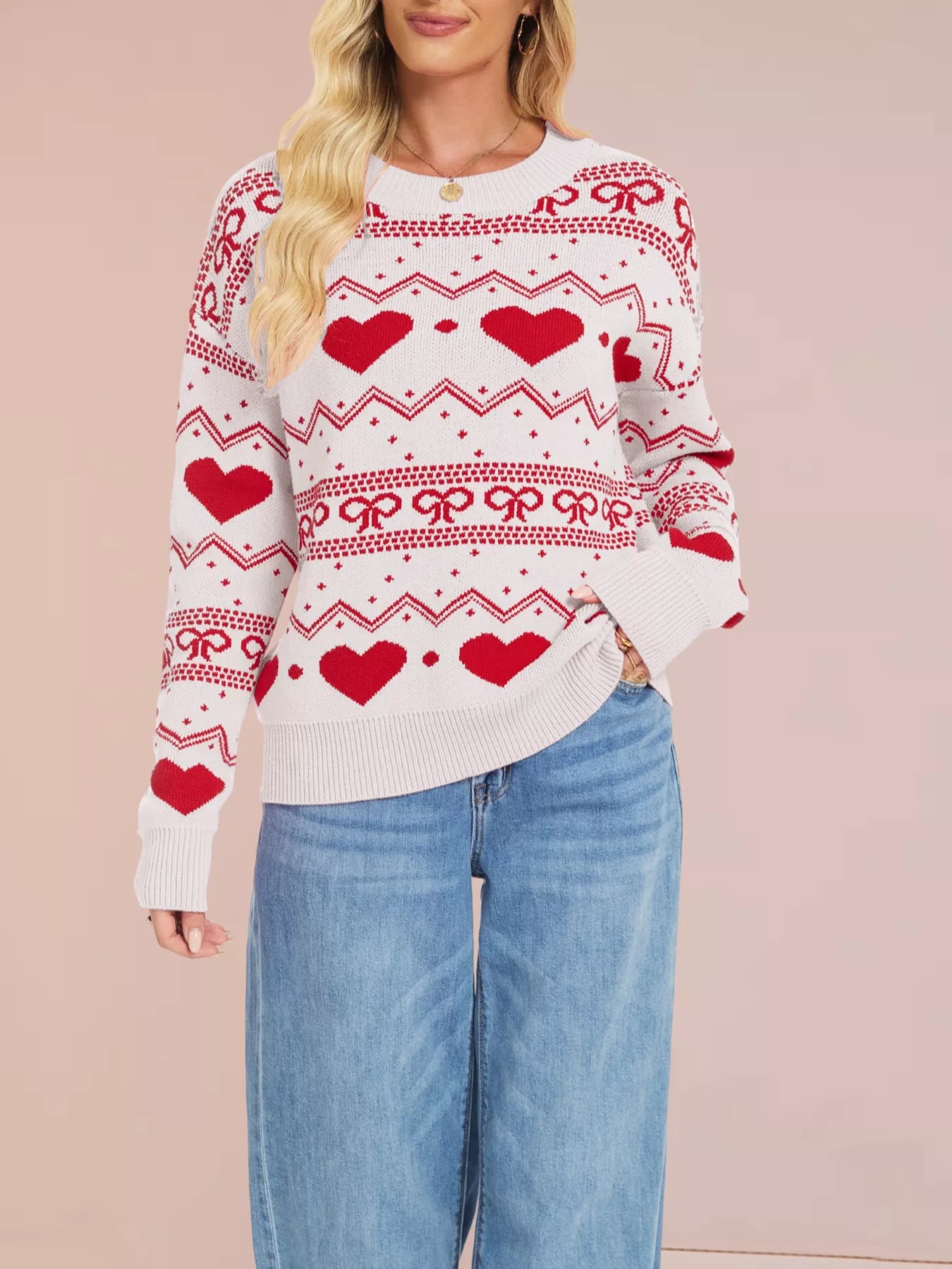 Heart & Bow Pattern Round Neck Sweater OutfitFlow