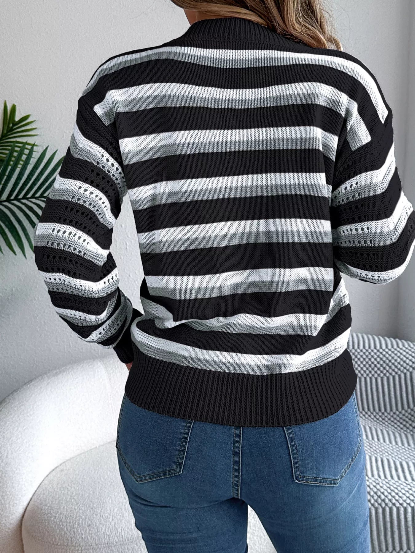 Striped Round Neck Long Sleeve Sweater OutfitFlow