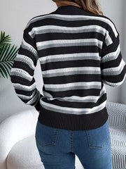 Striped Round Neck Long Sleeve Sweater OutfitFlow