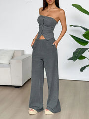 Ribbed Knit Strapless Crop Top and Pants Set OutfitFlow