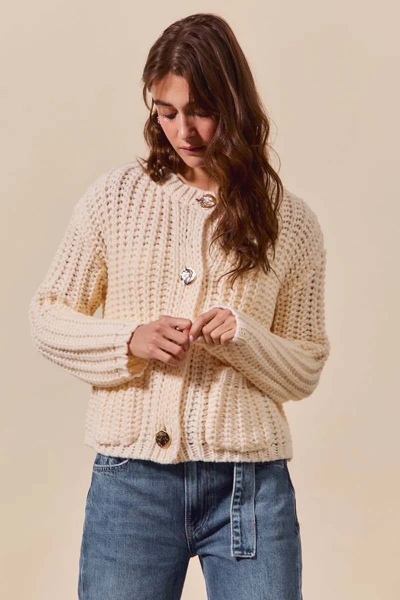 SO ME Metal Button Long Sleeve Chunky Sweater Cardigan OutfitFlow