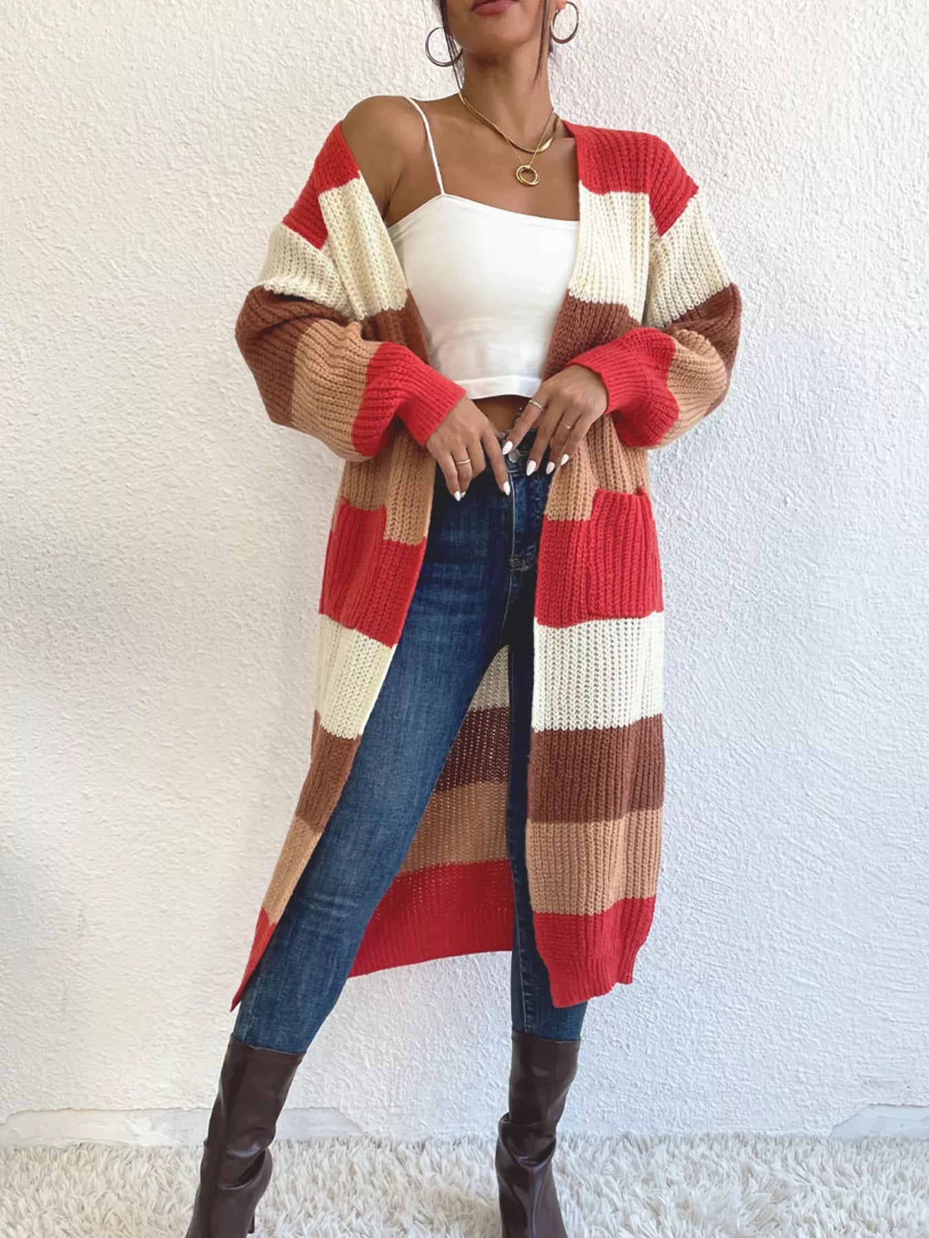 Striped Color Block Open Front Knit Cardigan Multicolor Trendsi