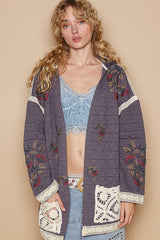 Outfit Flow - POL Embroidered Open Front Quilted Jacket with Crochet Pockets