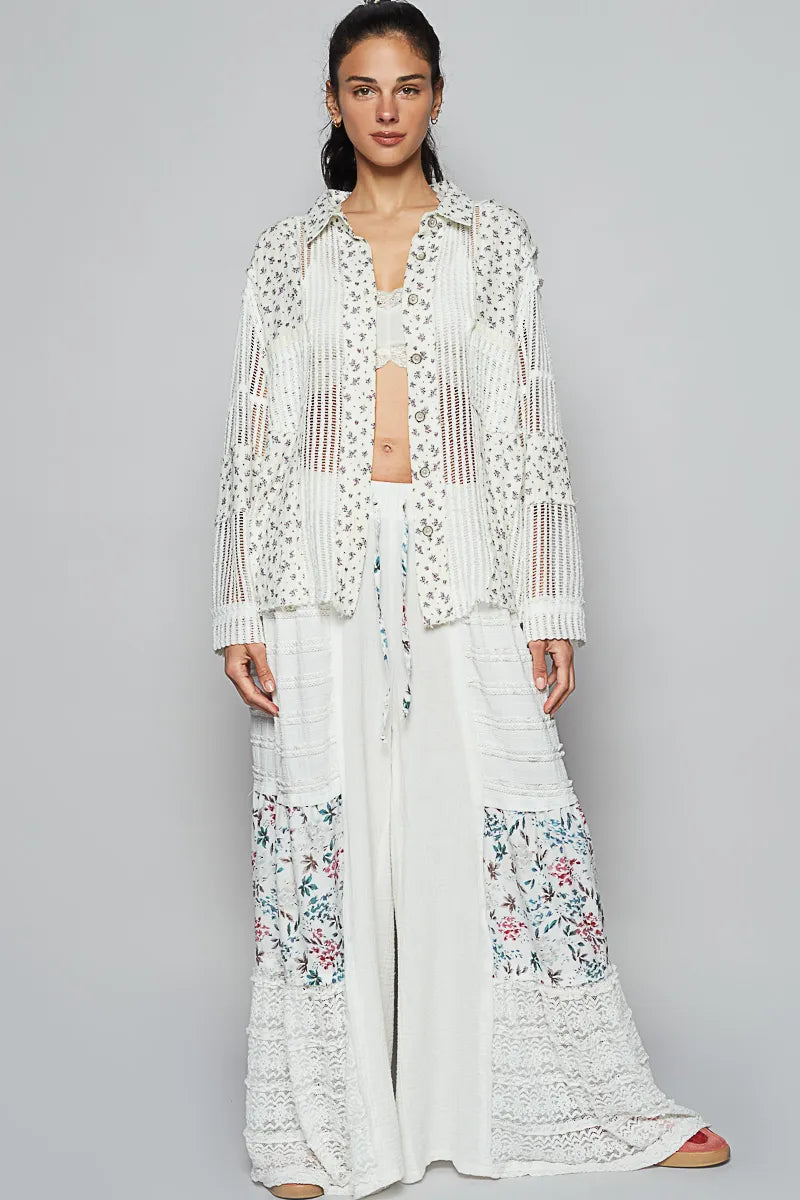 POL Floral Crochet Patchwork Long Sleeve Shirt OutfitFlow