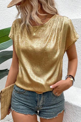 Metallic Gold Short Sleeve Casual Blouse Gold OutfitFlow