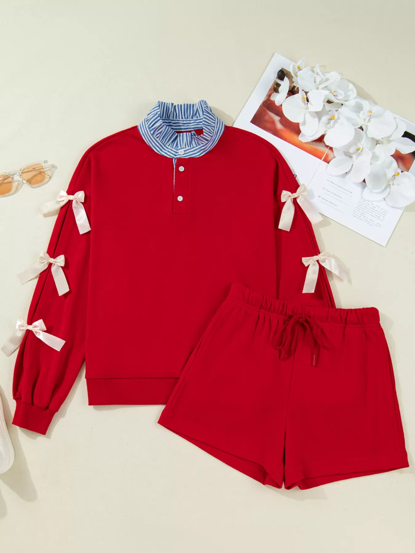 Striped Collar Patchwork Satin Bow Sweatshirt and Shorts Set OutfitFlow