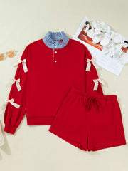 Striped Collar Patchwork Satin Bow Sweatshirt and Shorts Set OutfitFlow