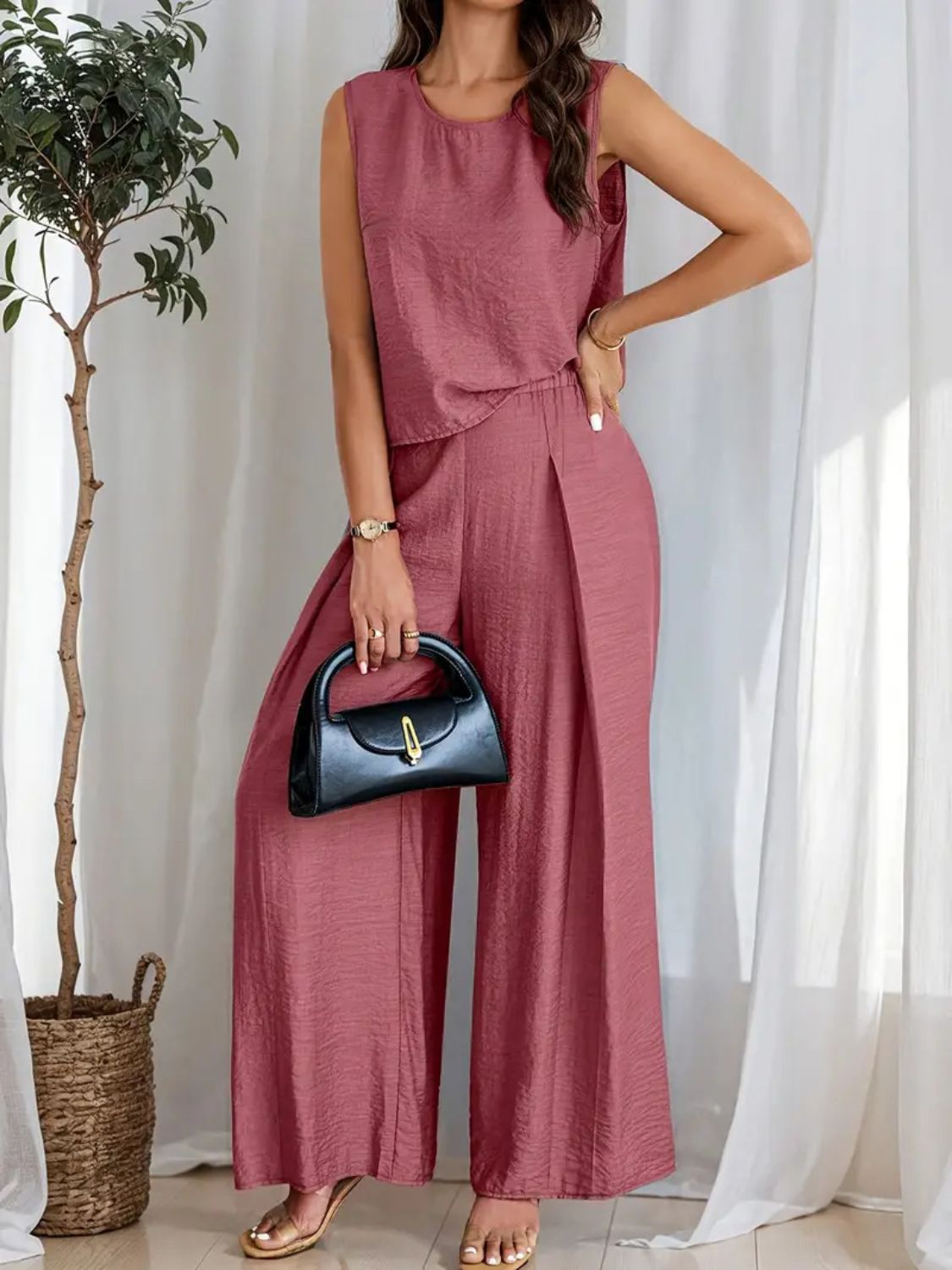 Round Neck Sleeveless Top and Wide Leg Pants Set Moonlit Mauve OutfitFlow