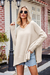 Outfit Flow - Slit V-Neck Dropped Shoulder Sweater