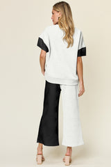 Outfit Flow - Double Take Full Size Texture Contrast T-Shirt and Wide Leg Pants Set