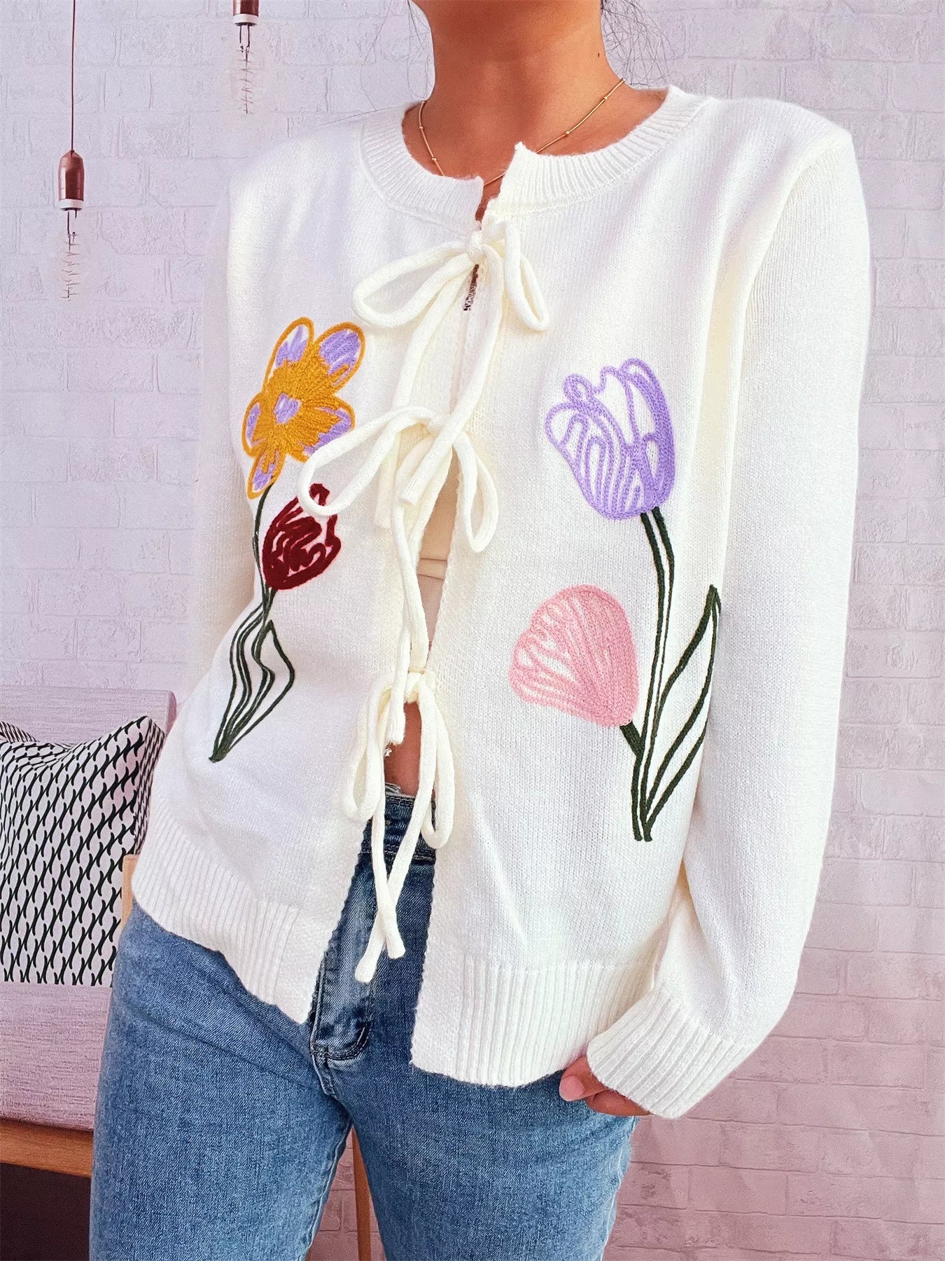 Floral Ribbed Hem Tie Front Cardigan OutfitFlow