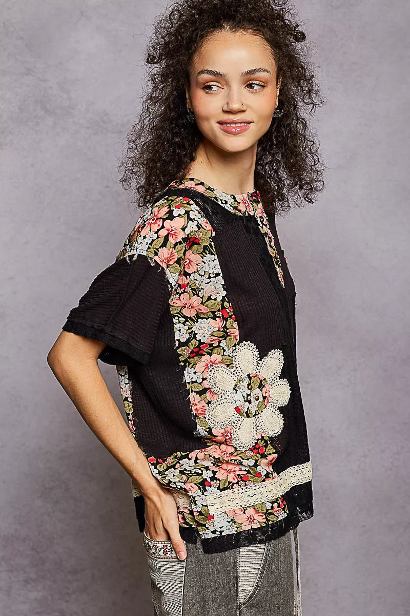 POL Lace Round Neck Short Sleeve Floral Pattern Top with Patch Detail Trendsi