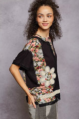 POL Lace Round Neck Short Sleeve Floral Pattern Top with Patch Detail Trendsi