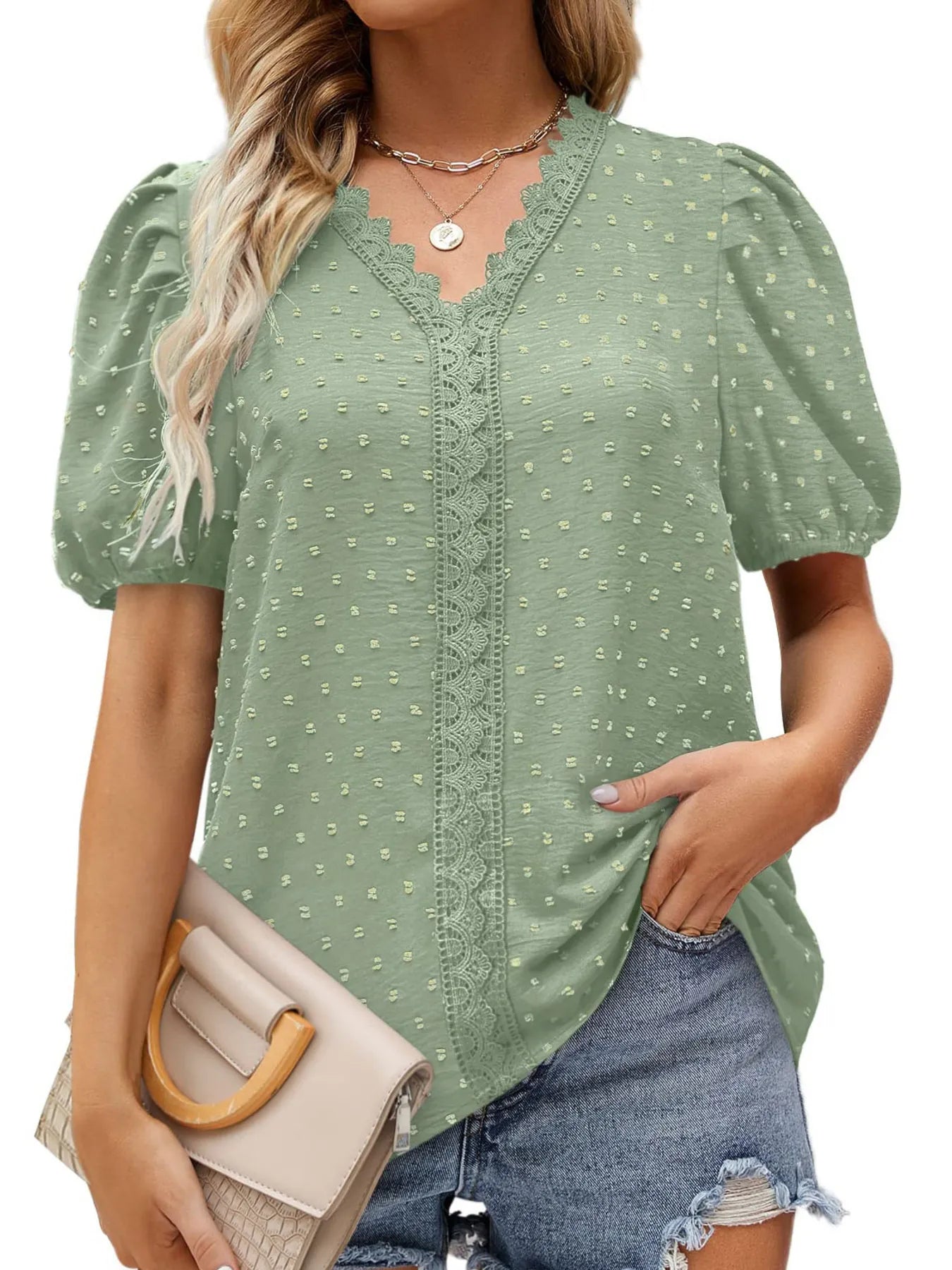 Puff Sleeve Swiss Dot Lace Trim Blouse Green OutfitFlow