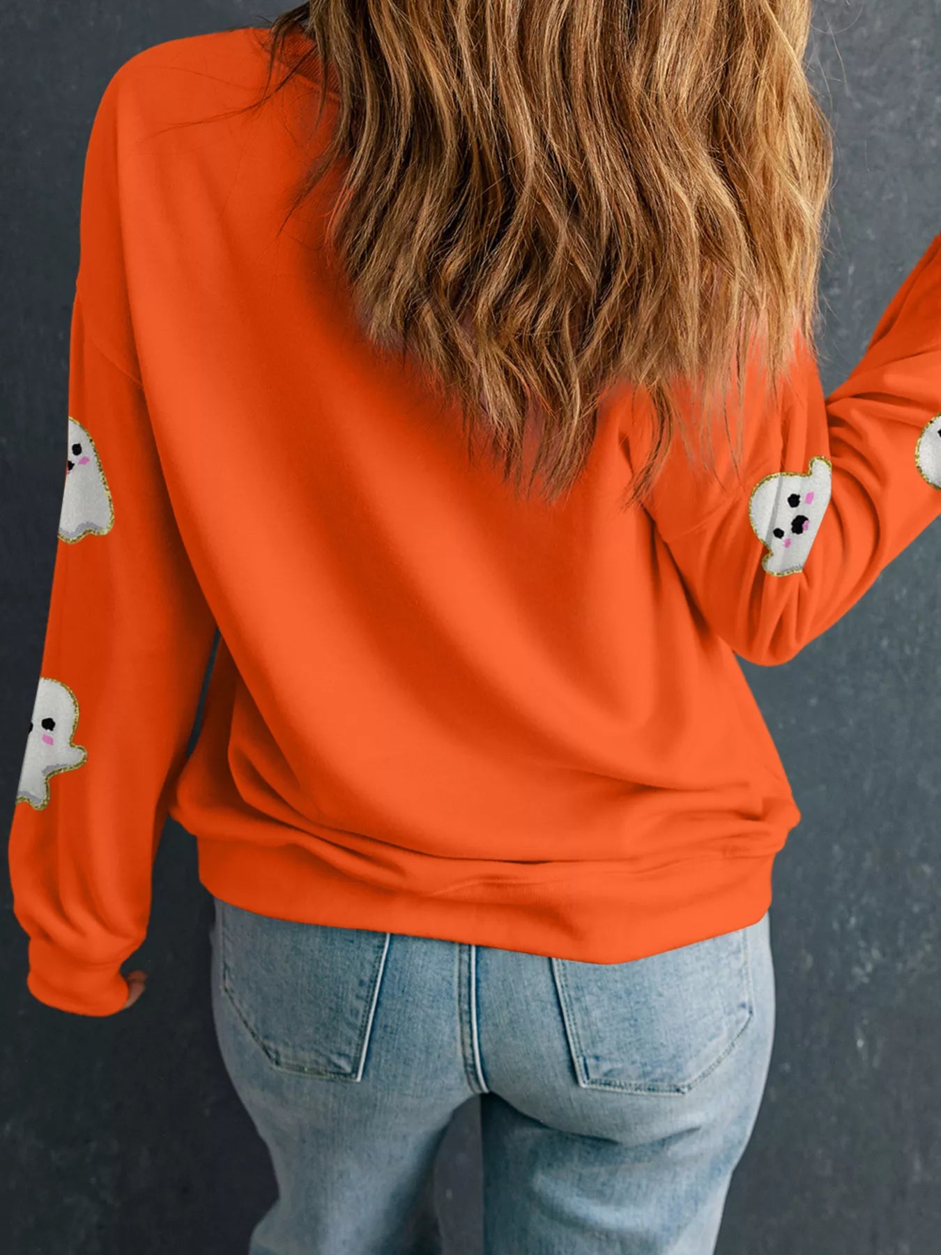 Halloween Ghost Patched Pattern Holiday Sweatshirt OutfitFlow