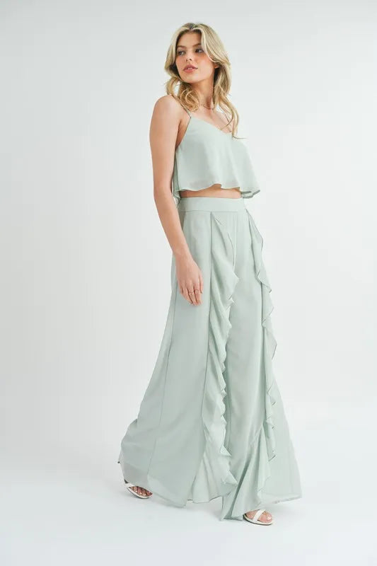 MABLE Crop Cami and Ruffled Wide Leg Pants Set OutfitFlow