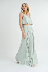 MABLE Crop Cami and Ruffled Wide Leg Pants Set OutfitFlow