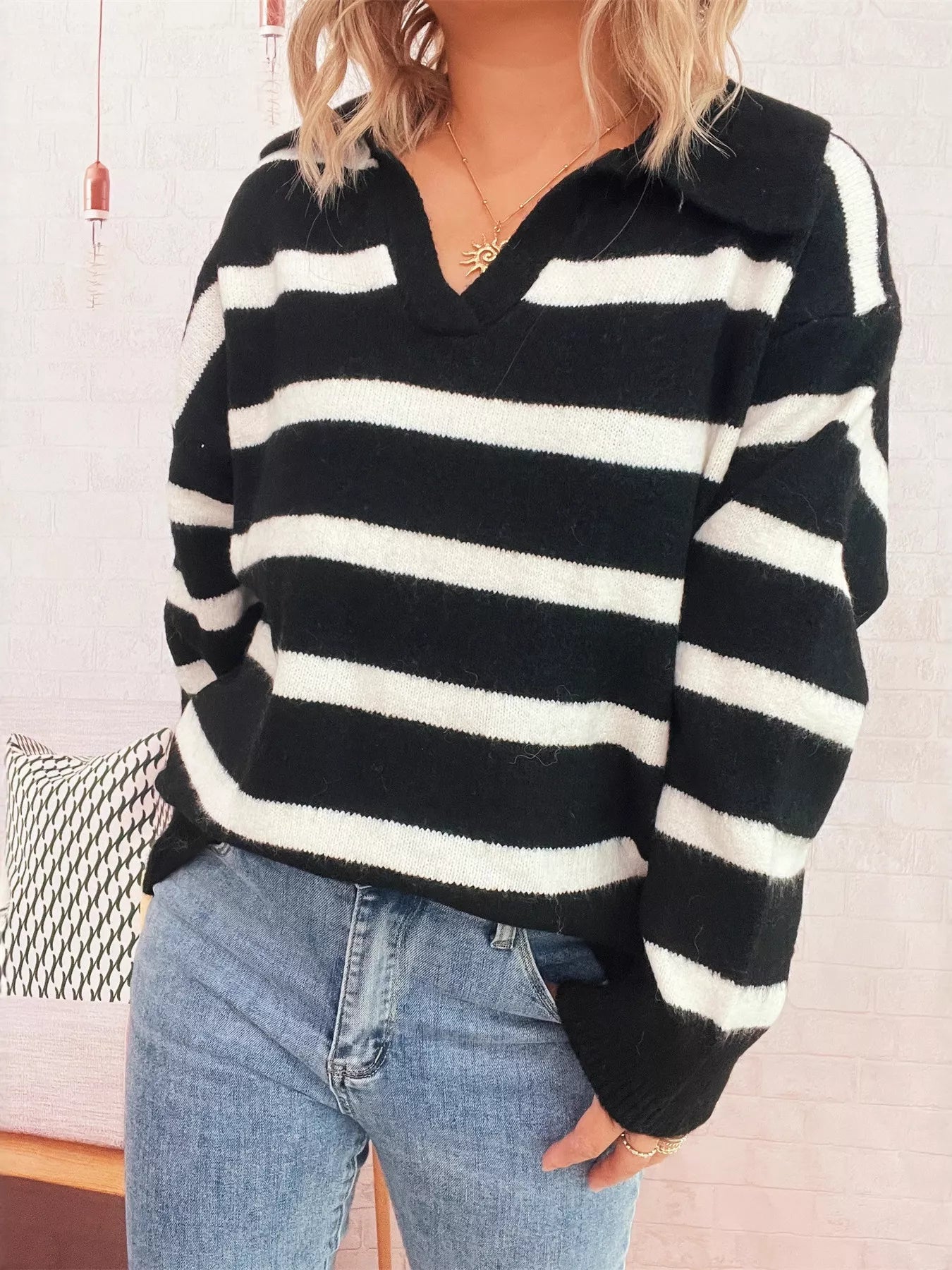Striped Dropped Shoulder Sweater OutfitFlow