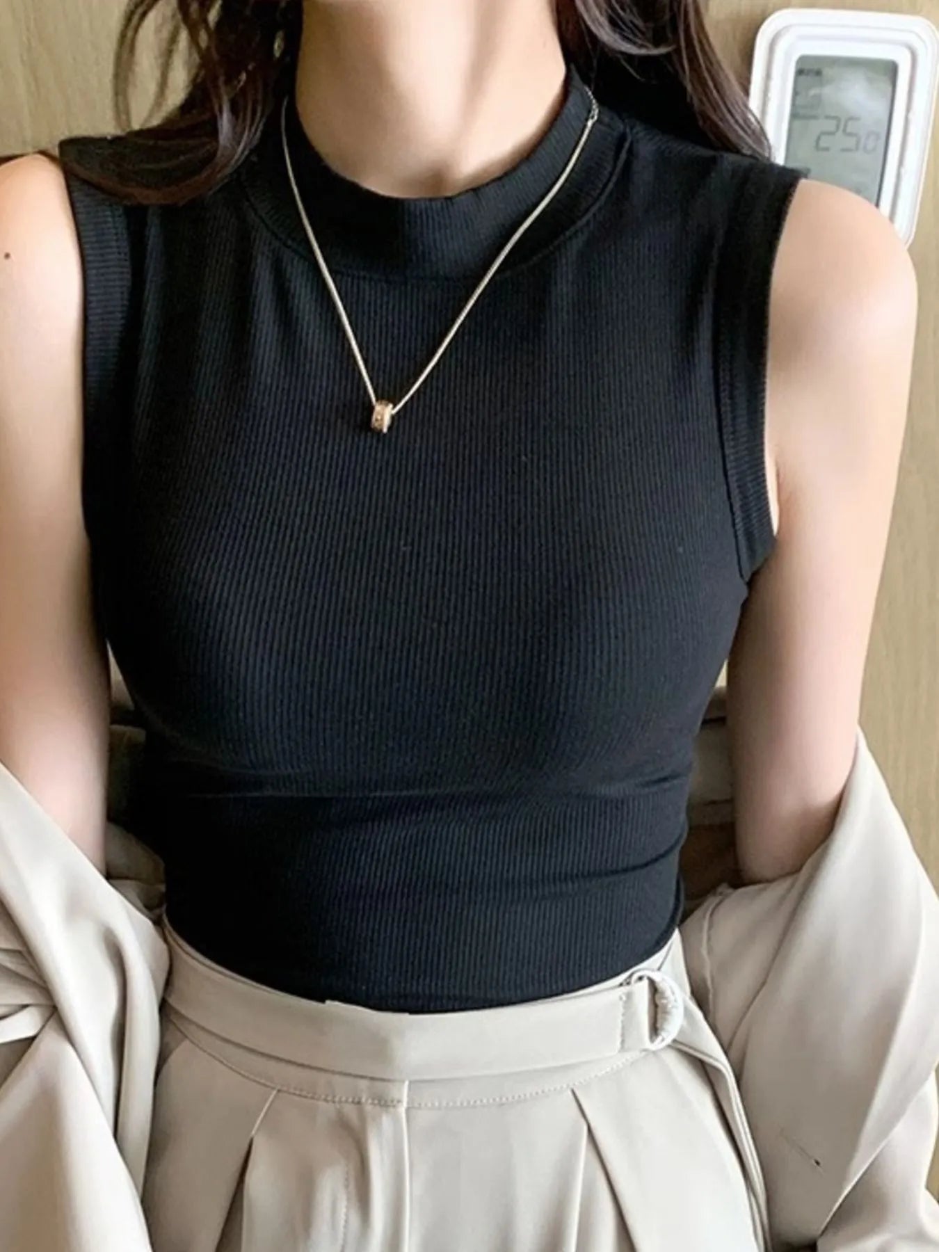 Ribbed Mock Neck Sleeveless Tank Top OutfitFlow