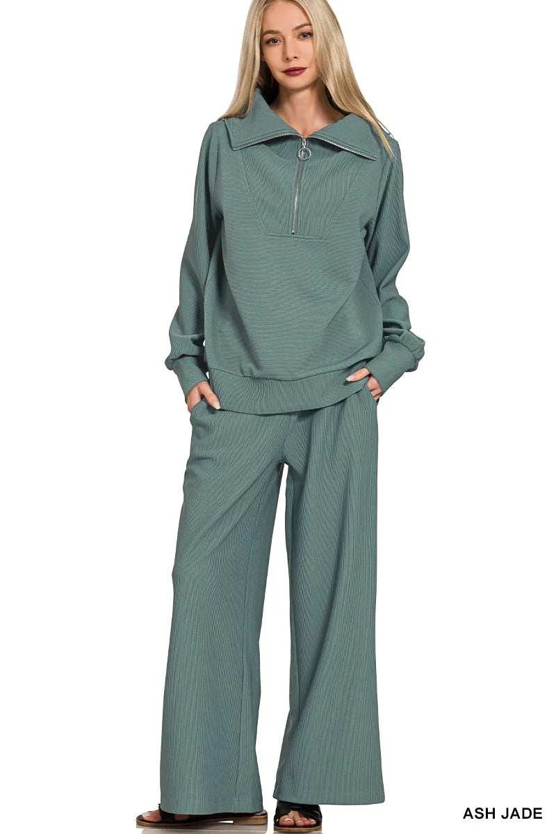 Zenana Ribbed High Neck Half Zip Pullover & Pants Set ASH JADE Trendsi
