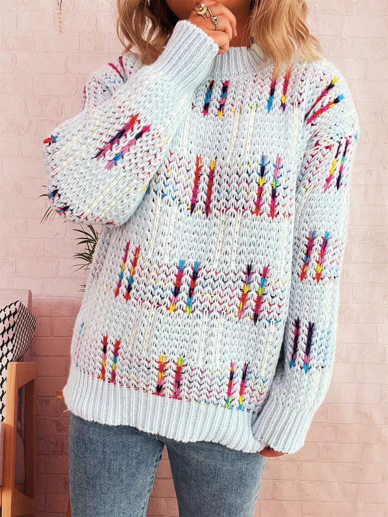 Colorful Round Neck Long Sleeve Sweater Blue One Size OutfitFlow